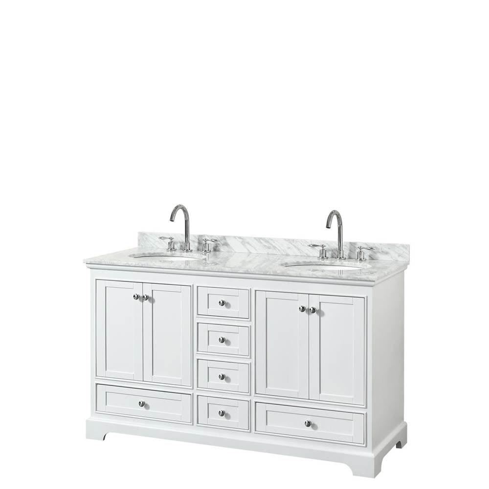 Wyndham Collection - Deborah 60 Inch Double Bathroom Vanity in White, White Carrara Marble Countertop, Undermount Oval Sinks, and No Mirrors - White