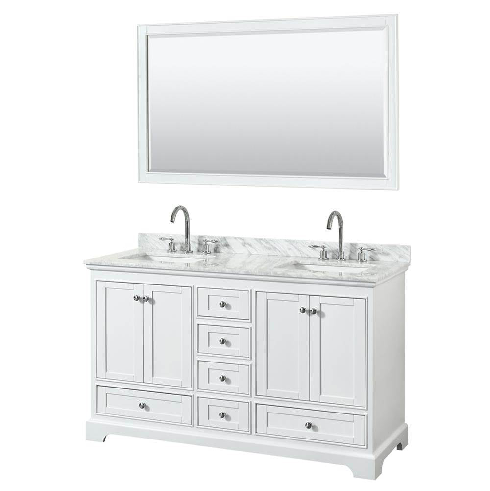 Wyndham Collection - Deborah 60 Inch Double Bathroom Vanity in White, White Carrara Marble Countertop, Undermount Square Sinks, and 58 Inch Mirror - White