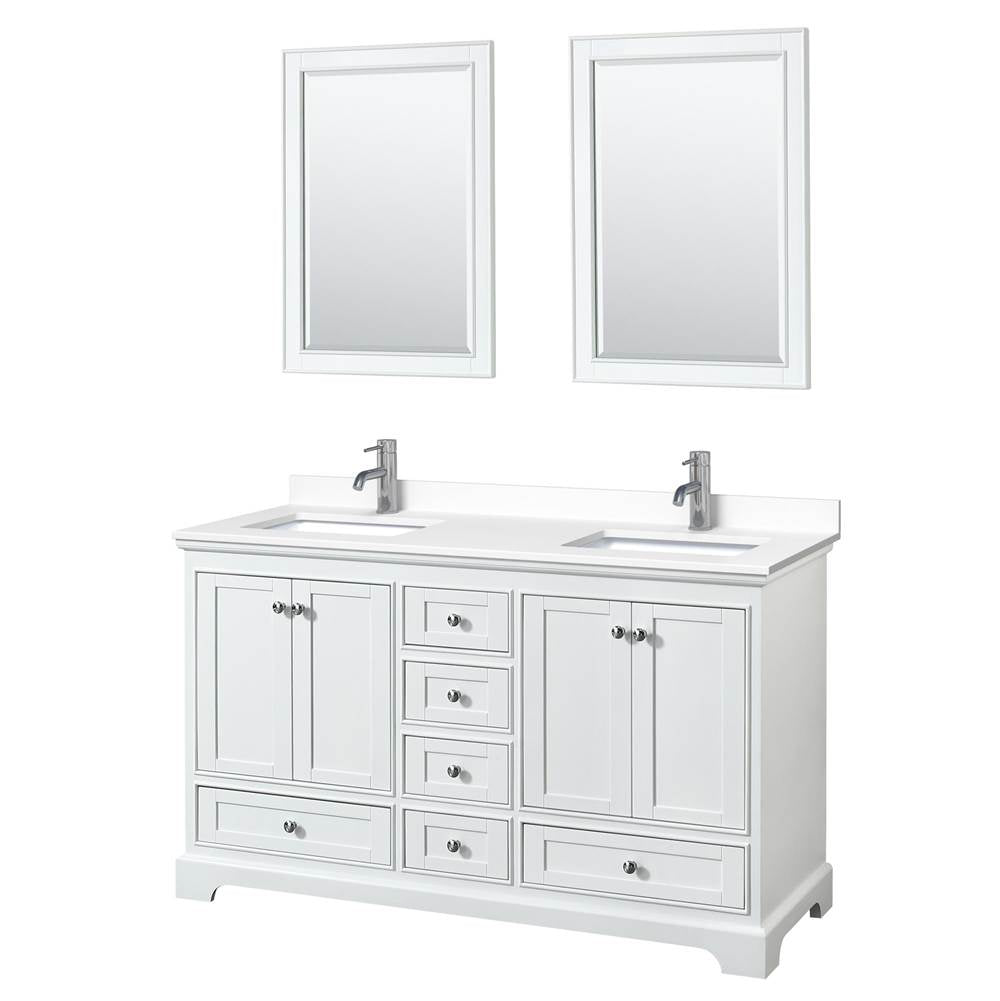 Wyndham Collection - Deborah 60 Inch Double Bathroom Vanity in White, White Cultured Marble Countertop, Undermount Square Sinks, 24 Inch Mirrors