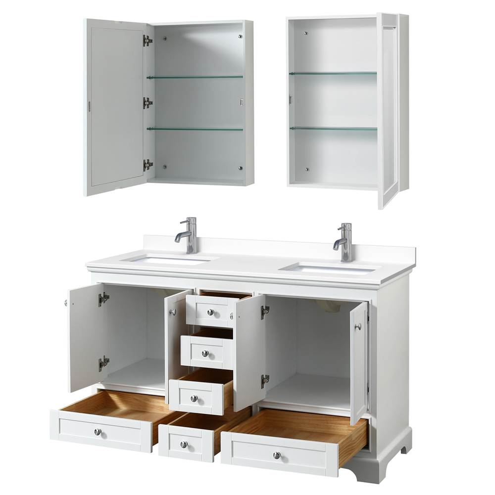 Deborah 60 Inch Double Bathroom Vanity in White, White Cultured Marble Countertop, Undermount Square Sinks, Medicine Cabinets