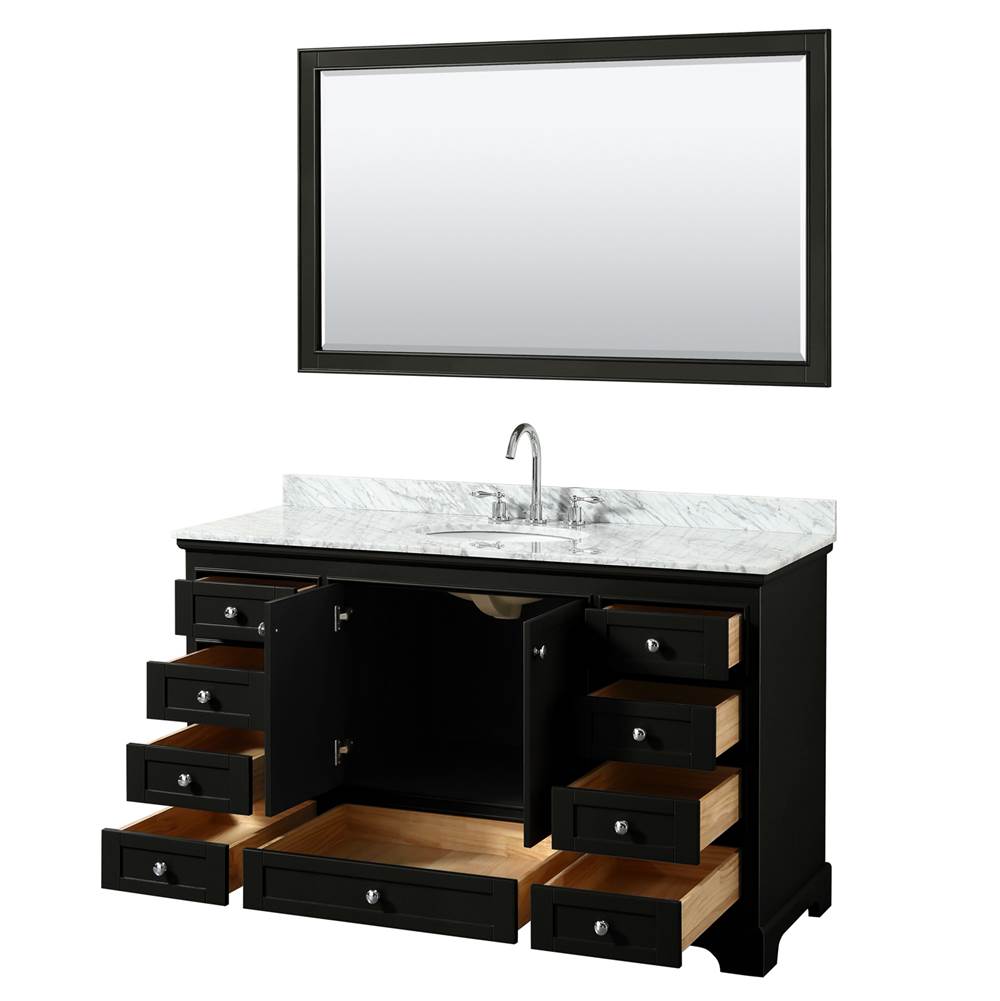 Deborah 60 Inch Single Bathroom Vanity in Dark Espresso, White Carrara Marble Countertop, Undermount Oval Sink, and 58 Inch Mirror