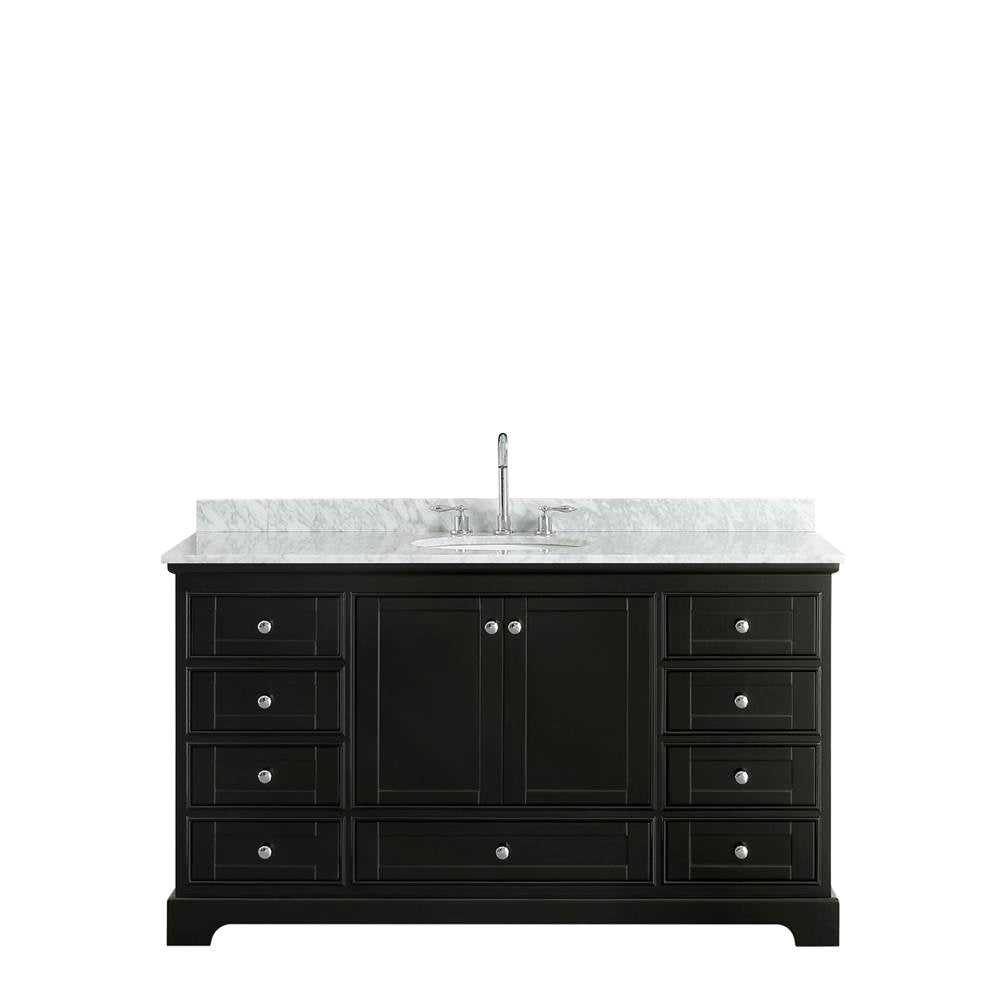 Deborah 60 Inch Single Bathroom Vanity in Dark Espresso, White Carrara Marble Countertop, Undermount Oval Sink, and No Mirror
