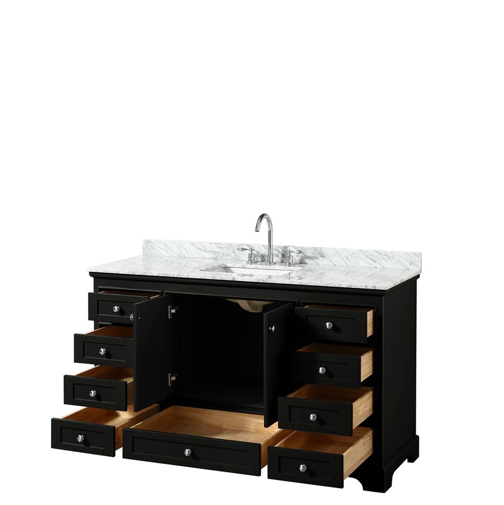 Deborah 60 Inch Single Bathroom Vanity in Dark Espresso, White Carrara Marble Countertop, Undermount Square Sink, and No Mirror