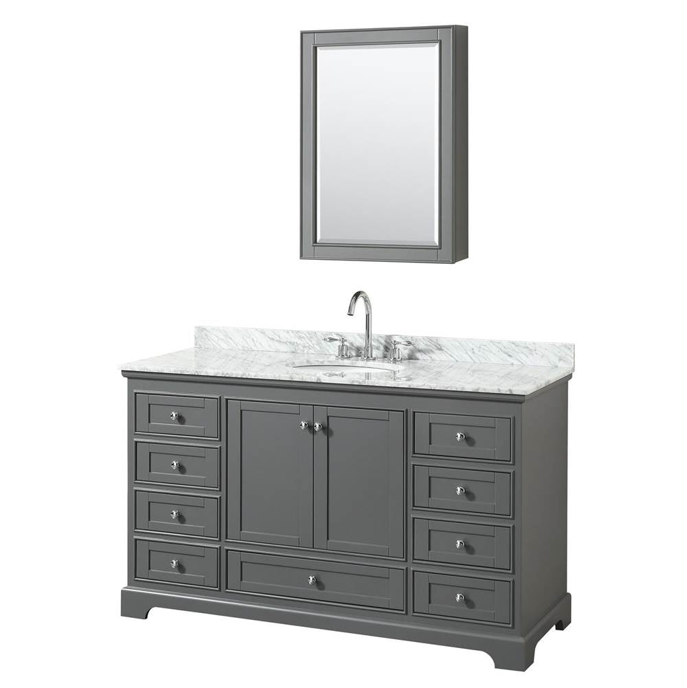 Wyndham Collection - Deborah 60 Inch Single Bathroom Vanity in Dark Gray, White Carrara Marble Countertop, Undermount Oval Sink, and Medicine Cabinet - Dark Gray