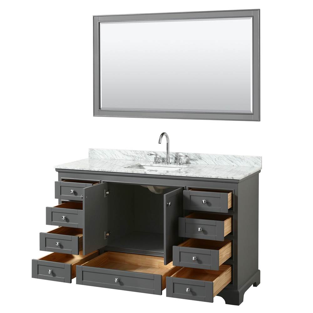 Deborah 60 Inch Single Bathroom Vanity in Dark Espresso, White Carrara Marble Countertop, Undermount Square Sink, and 58 Inch Mirror