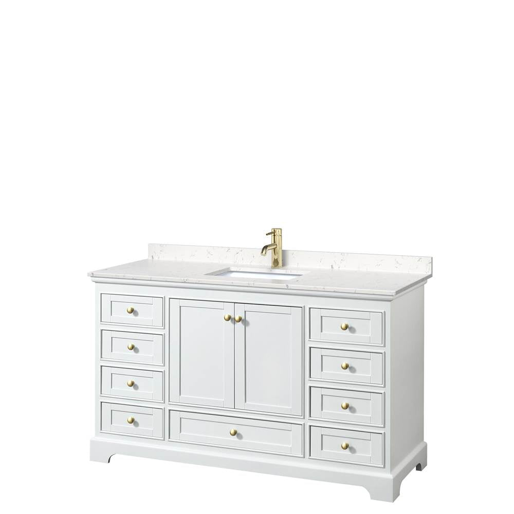 Wyndham Collection - Deborah 60 Inch Single Bathroom Vanity in White, Carrara Cultured Marble Countertop, Undermount Square Sink, Brushed Gold Trim, No Mirror