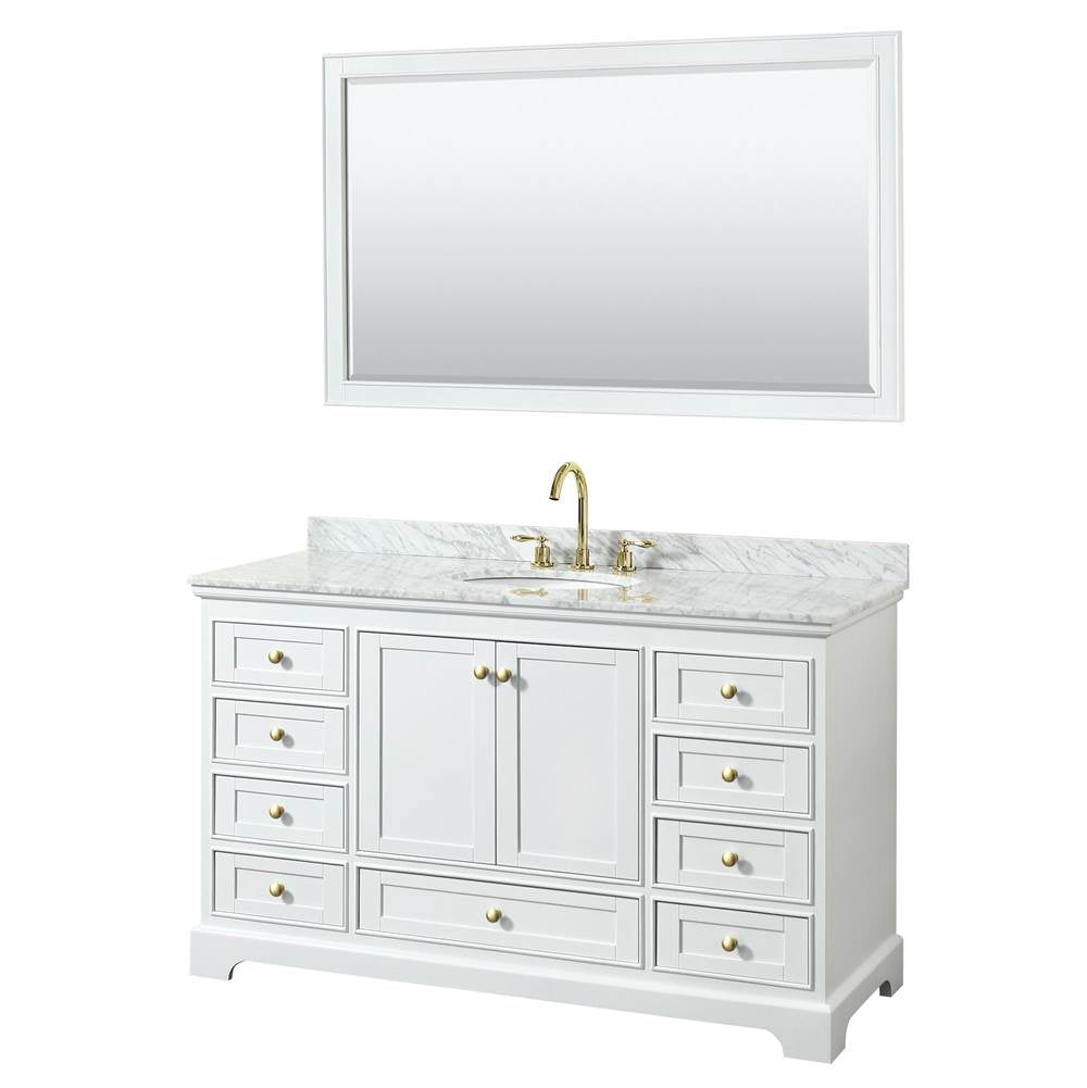 Wyndham Collection - Deborah 60 Inch Single Bathroom Vanity in White, White Carrara Marble Countertop, Undermount Oval Sink, Brushed Gold Trim, 58 Inch Mirror