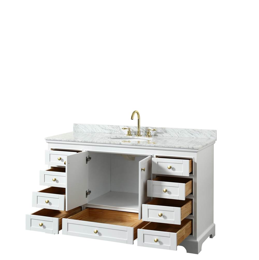 Deborah 60 Inch Single Bathroom Vanity in White, White Carrara Marble Countertop, Undermount Oval Sink, Brushed Gold Trim, No Mirror