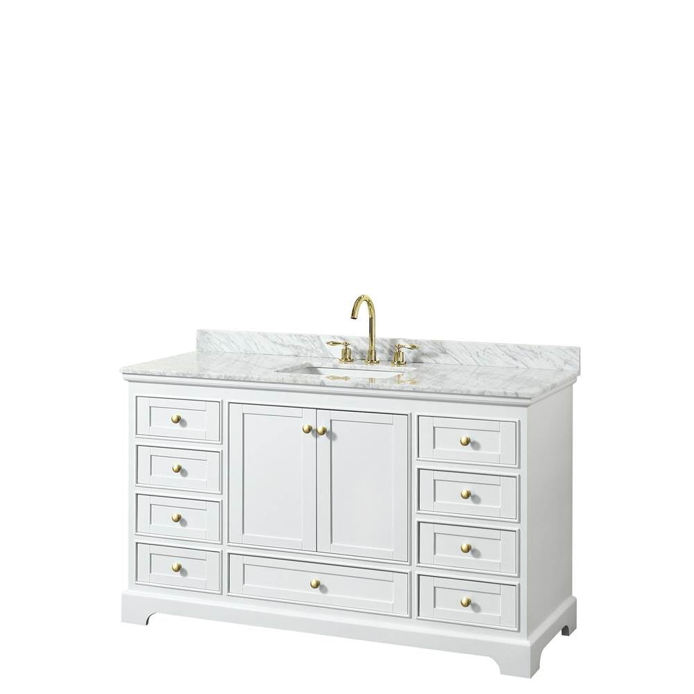 Wyndham Collection - Deborah 60 Inch Single Bathroom Vanity in White, White Carrara Marble Countertop, Undermount Square Sink, Brushed Gold Trim, No Mirror