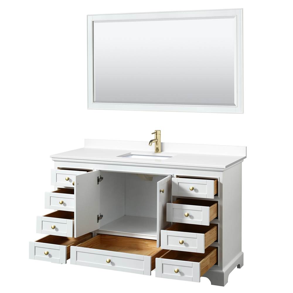 Deborah 60 Inch Single Bathroom Vanity in White, White Cultured Marble Countertop, Undermount Square Sink, Brushed Gold Trim, 58 Inch Mirror