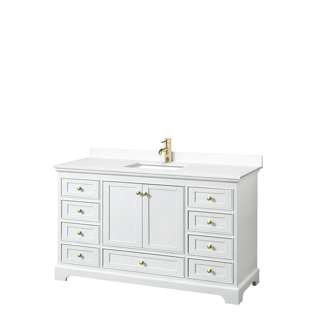 Wyndham Collection - Deborah 60 Inch Single Bathroom Vanity in White, White Cultured Marble Countertop, Undermount Square Sink, Brushed Gold Trim, No Mirror
