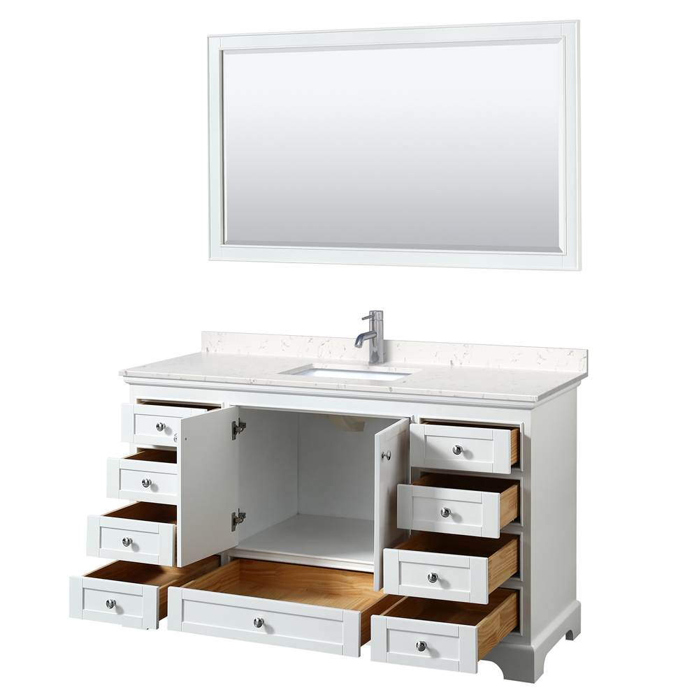Deborah 60 Inch Single Bathroom Vanity in White, Carrara Cultured Marble Countertop, Undermount Square Sink, 58 Inch Mirror