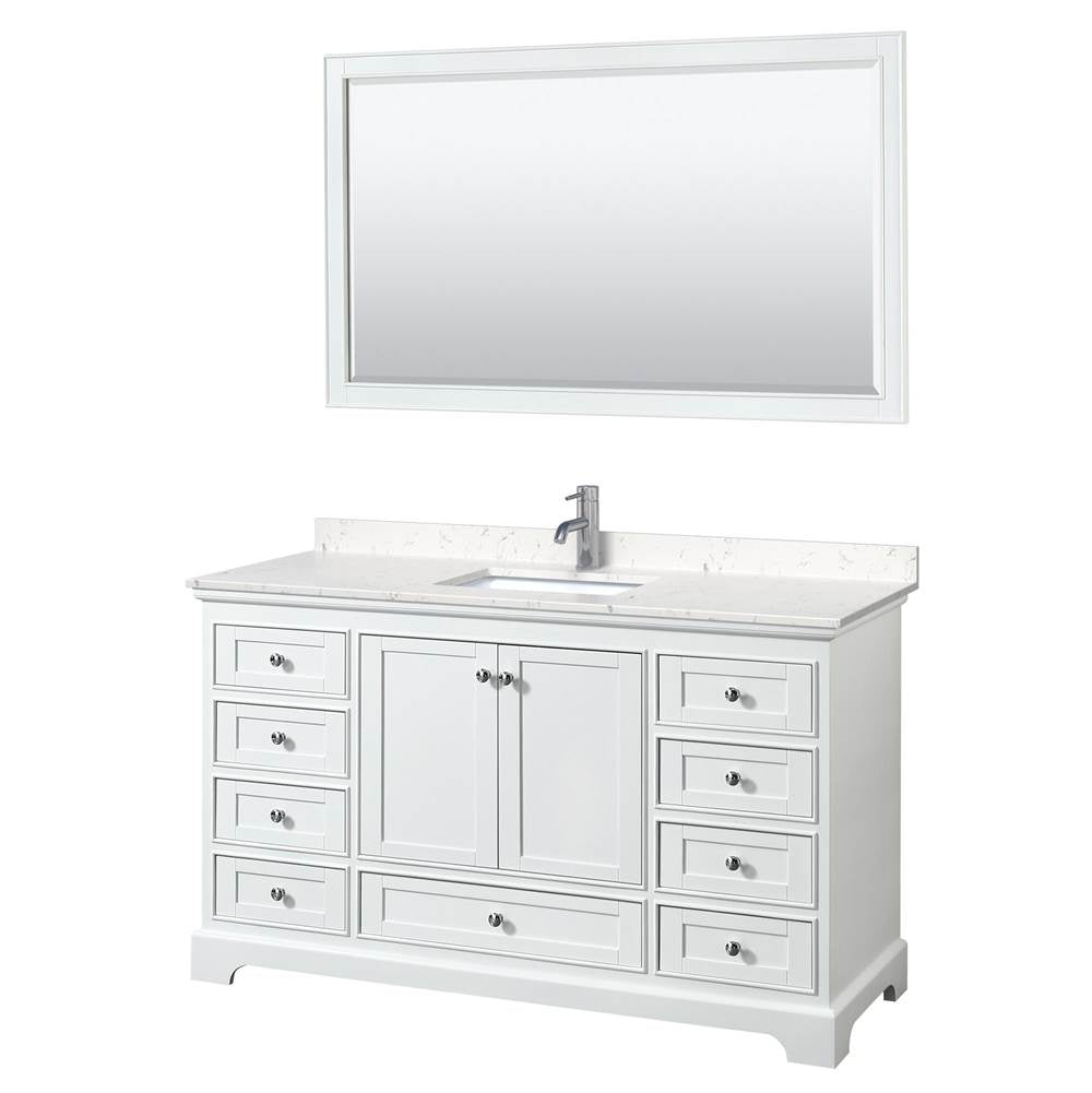 Wyndham Collection - Deborah 60 Inch Single Bathroom Vanity in White, Carrara Cultured Marble Countertop, Undermount Square Sink, 58 Inch Mirror