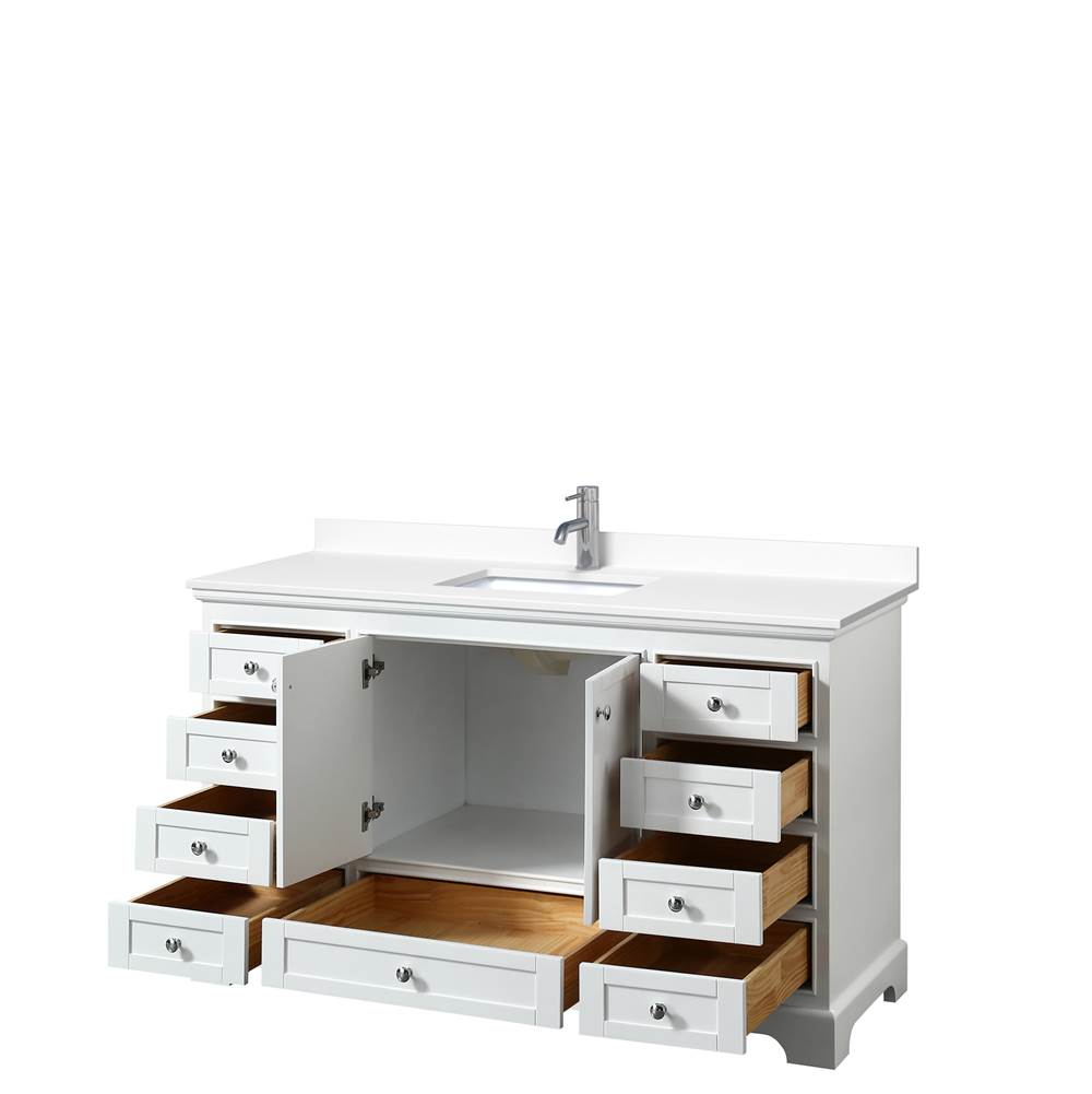 Deborah 60 Inch Single Bathroom Vanity in White, White Cultured Marble Countertop, Undermount Square Sink, No Mirror