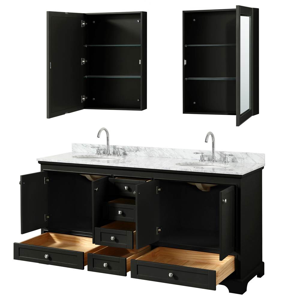 Deborah 72 Inch Double Bathroom Vanity in Dark Espresso, White Carrara Marble Countertop, Undermount Oval Sinks, and Medicine Cabinets
