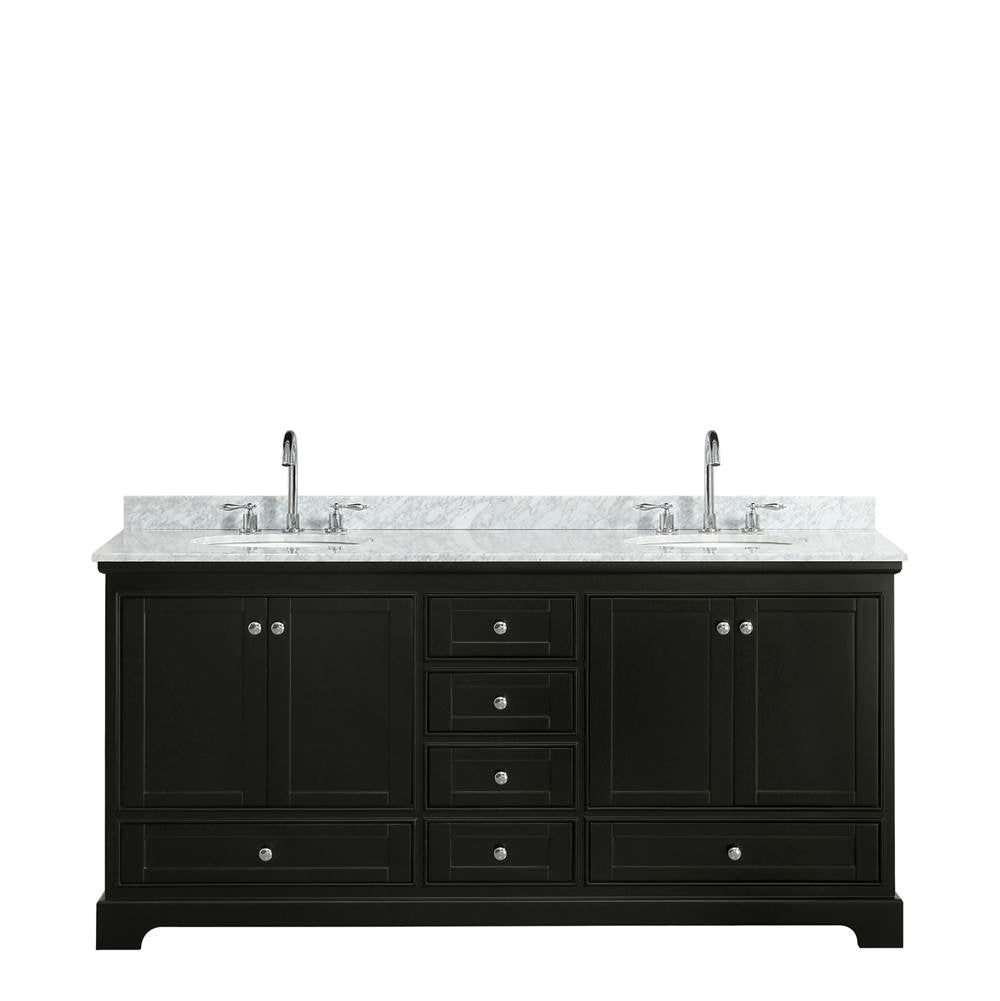 Deborah 72 Inch Double Bathroom Vanity in Dark Espresso, White Carrara Marble Countertop, Undermount Oval Sinks, and No Mirrors