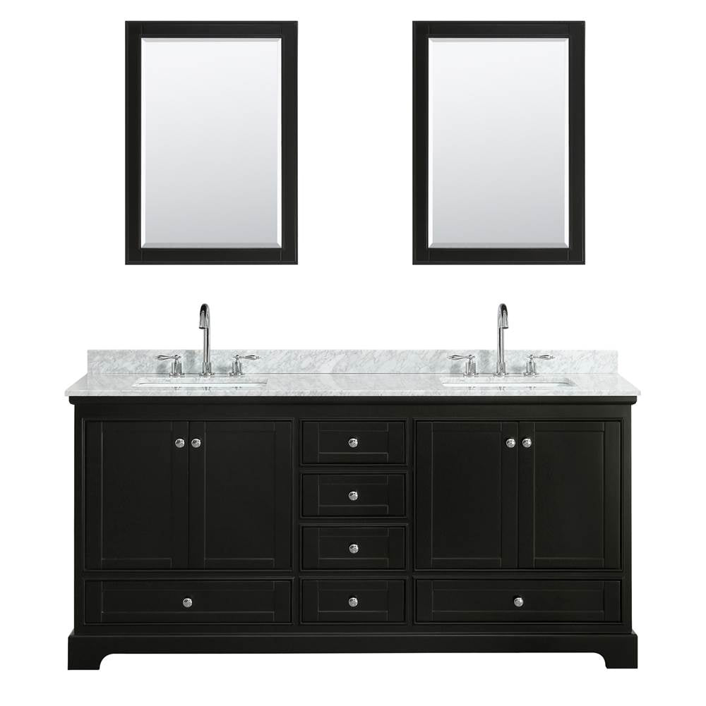Deborah 72 Inch Double Bathroom Vanity in Dark Espresso, White Carrara Marble Countertop, Undermount Square Sinks, and 24 Inch Mirrors