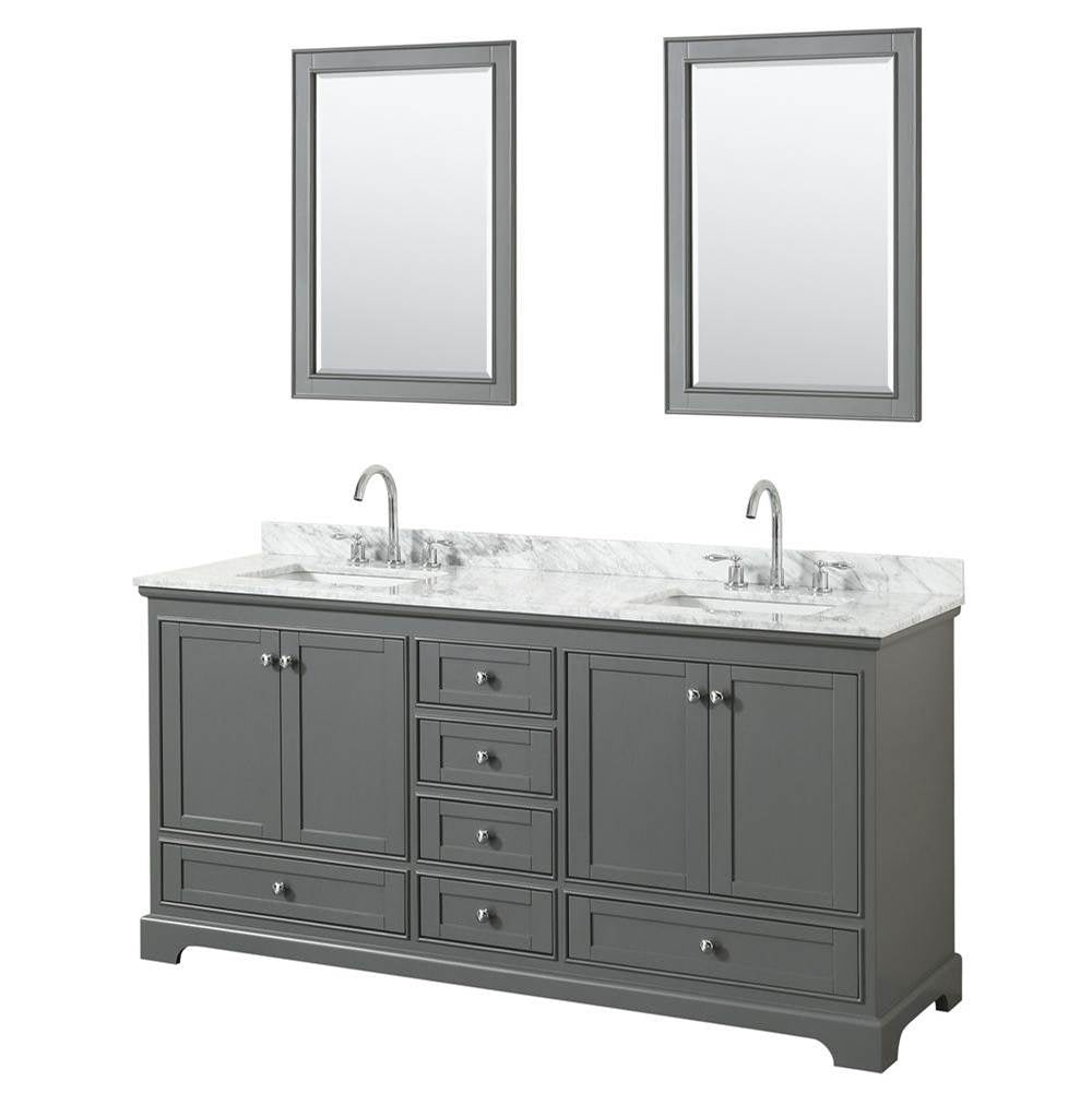 Wyndham Collection - Deborah 72 Inch Double Bathroom Vanity in Dark Gray, White Carrara Marble Countertop, Undermount Square Sinks, and 24 Inch Mirrors - Dark Gray
