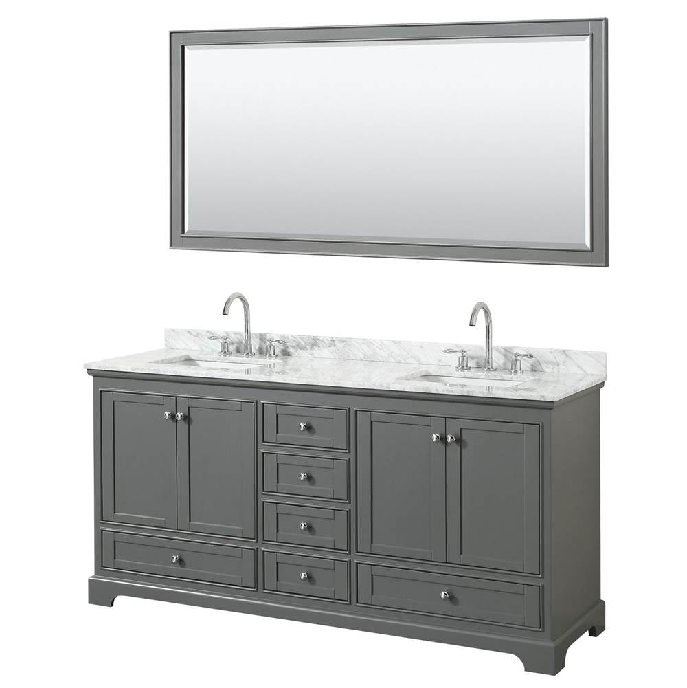 Wyndham Collection - Deborah 72 Inch Double Bathroom Vanity in Dark Gray, White Carrara Marble Countertop, Undermount Square Sinks, and 70 Inch Mirror - Dark Gray