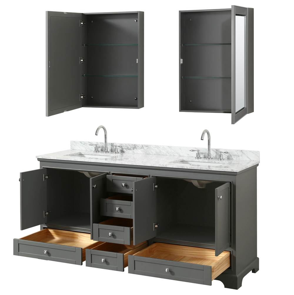 Deborah 72 Inch Double Bathroom Vanity in Dark Espresso, White Carrara Marble Countertop, Undermount Square Sinks, and Medicine Cabinets