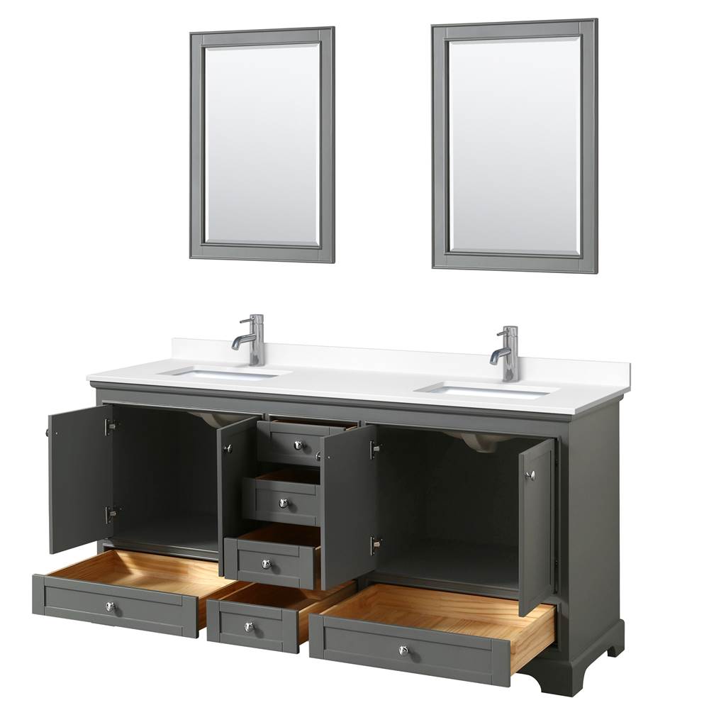Deborah 72 Inch Double Bathroom Vanity in Dark Gray, White Cultured Marble Countertop, Undermount Square Sinks, 24 Inch Mirrors