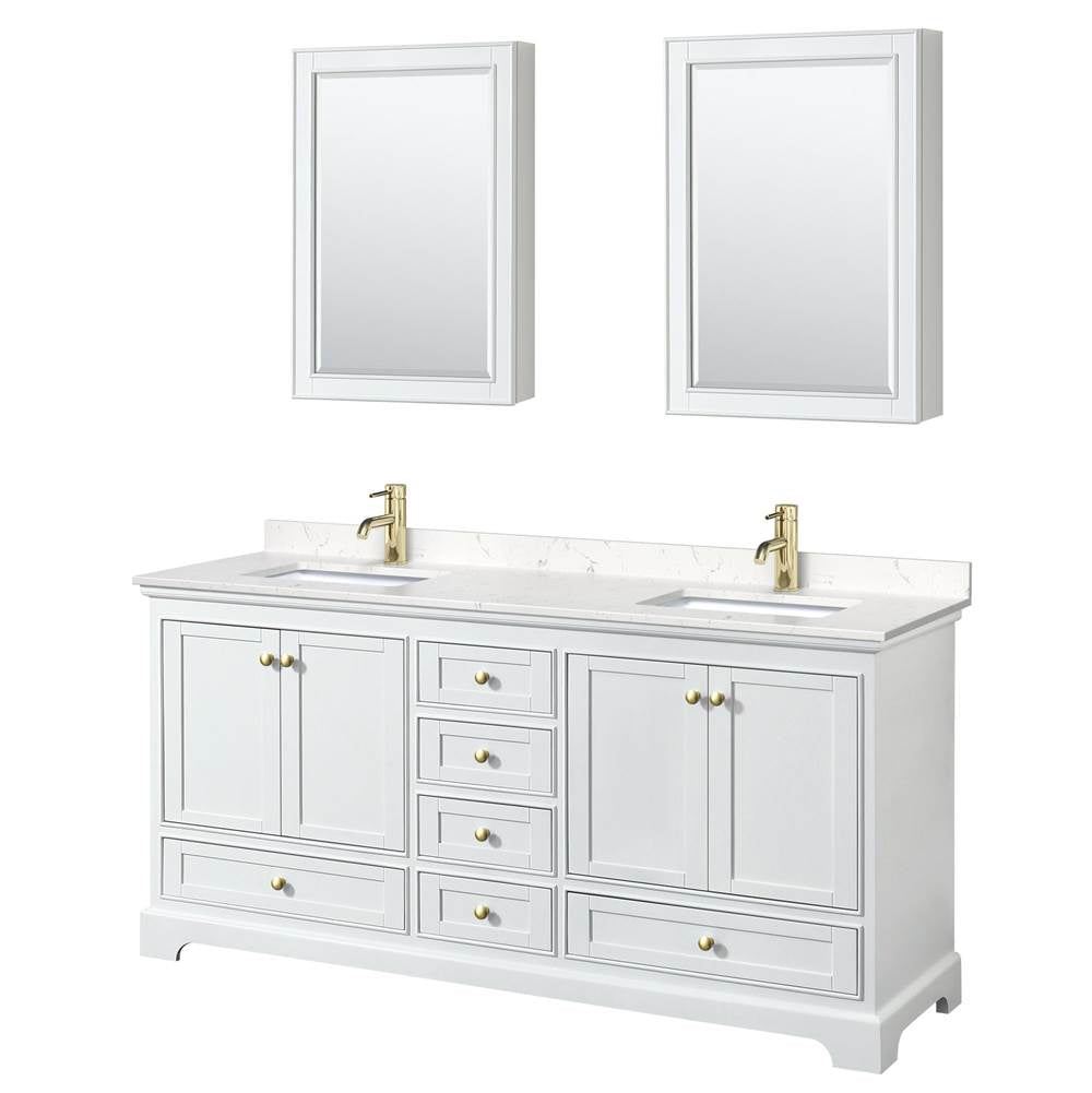 Wyndham Collection - Deborah 72 Inch Double Bathroom Vanity in White, Carrara Cultured Marble Countertop, Undermount Square Sinks, Brushed Gold Trim, Medicine Cabinets