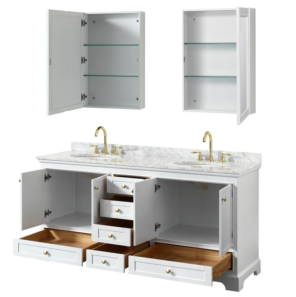 Deborah 72 Inch Double Bathroom Vanity in White, White Carrara Marble Countertop, Undermount Oval Sinks, Brushed Gold Trim, Medicine Cabinets