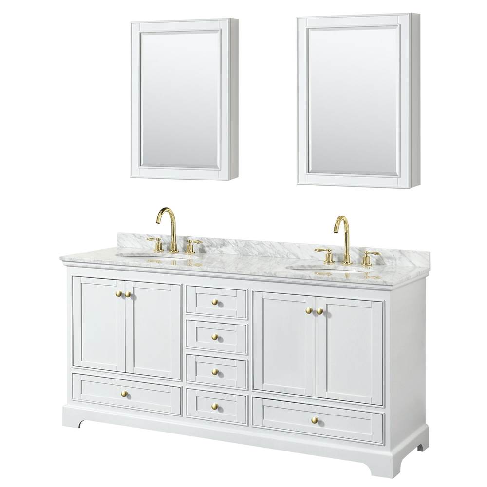 Wyndham Collection - Deborah 72 Inch Double Bathroom Vanity in White, White Carrara Marble Countertop, Undermount Oval Sinks, Brushed Gold Trim, Medicine Cabinets