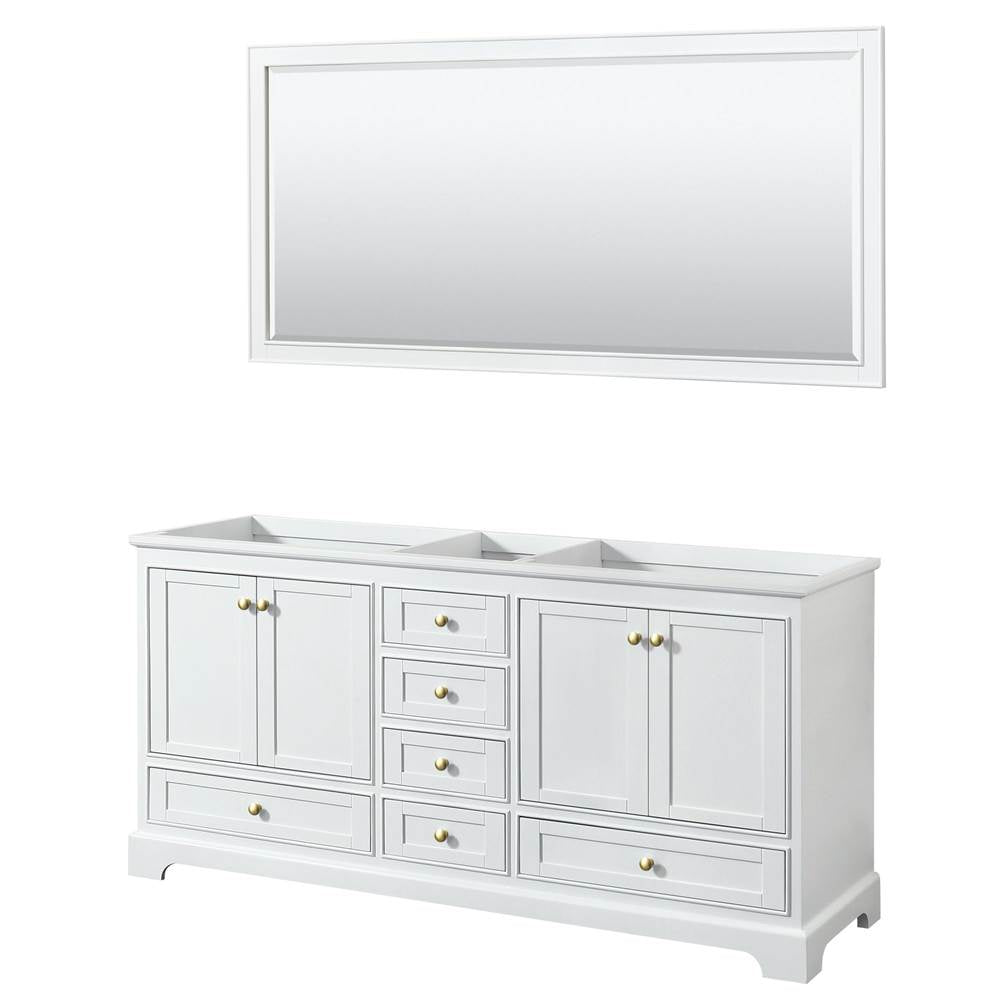 Wyndham Collection - Deborah 72 Inch Double Bathroom Vanity in White, No Countertop, No Sinks, Brushed Gold Trim, 70 Inch Mirror