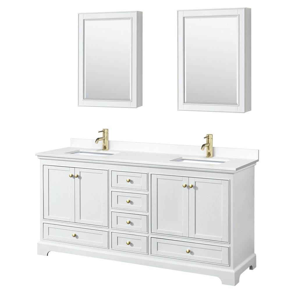 Wyndham Collection - Deborah 72 Inch Double Bathroom Vanity in White, White Cultured Marble Countertop, Undermount Square Sinks, Brushed Gold Trim, Medicine Cabinets