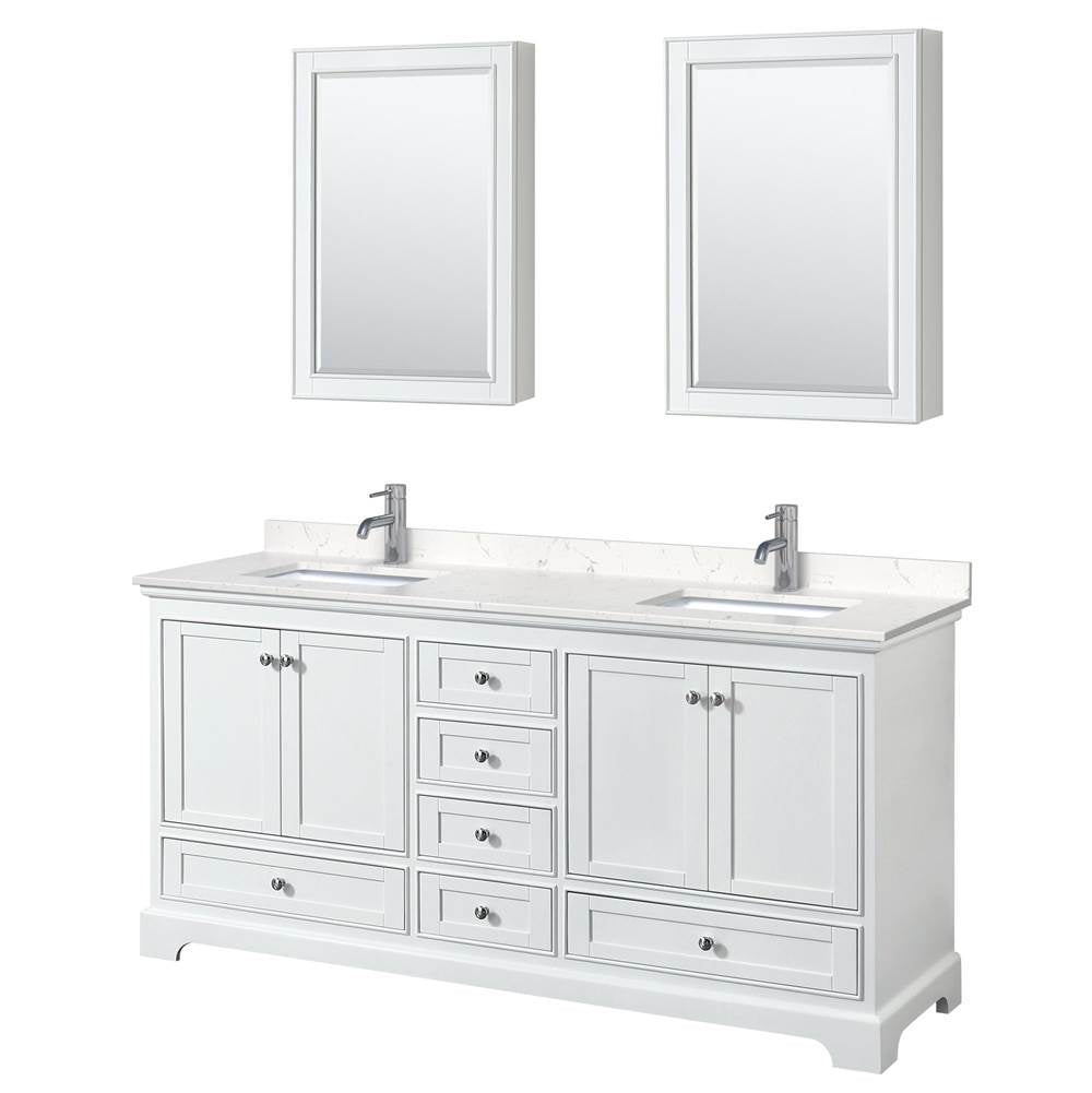 Wyndham Collection - Deborah 72 Inch Double Bathroom Vanity in White, Carrara Cultured Marble Countertop, Undermount Square Sinks, Medicine Cabinets
