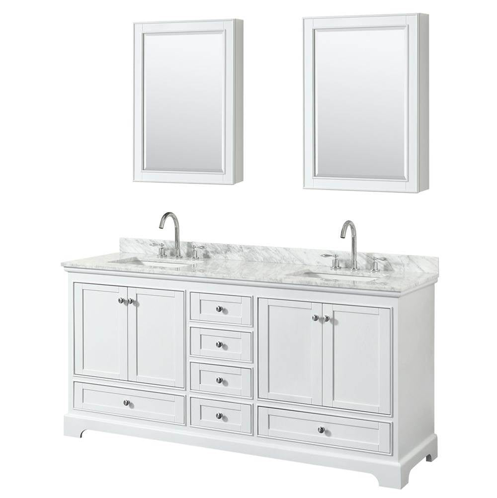 Wyndham Collection - Deborah 72 Inch Double Bathroom Vanity in White, White Carrara Marble Countertop, Undermount Square Sinks, and Medicine Cabinets - White