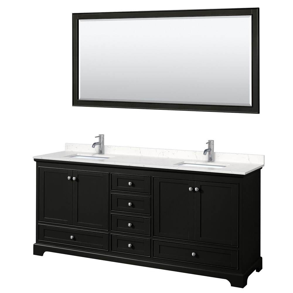 Wyndham Collection - Deborah 80 Inch Double Bathroom Vanity in Dark Espresso, Carrara Cultured Marble Countertop, Undermount Square Sinks, 70 Inch Mirror
