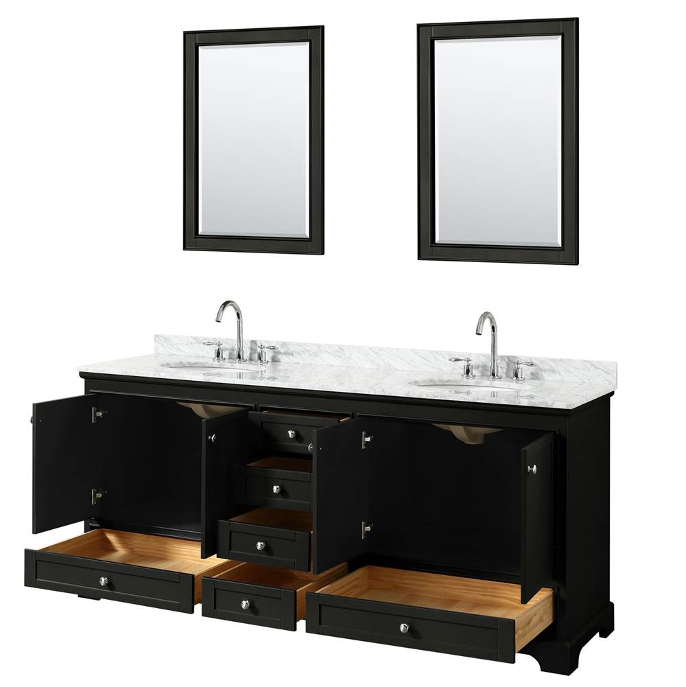 Deborah 80 Inch Double Bathroom Vanity in Dark Espresso, White Carrara Marble Countertop, Undermount Oval Sinks, and 24 Inch Mirrors