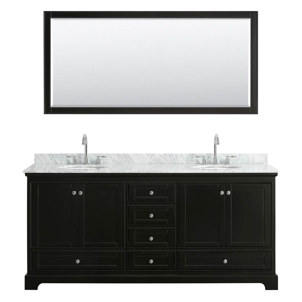 Deborah 80 Inch Double Bathroom Vanity in Dark Espresso, White Carrara Marble Countertop, Undermount Oval Sinks, and 70 Inch Mirror