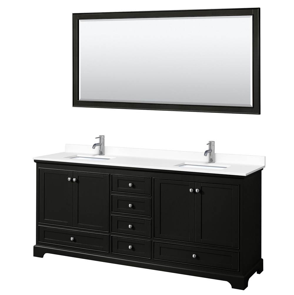 Wyndham Collection - Deborah 80 Inch Double Bathroom Vanity in Dark Espresso, White Cultured Marble Countertop, Undermount Square Sinks, 70 Inch Mirror