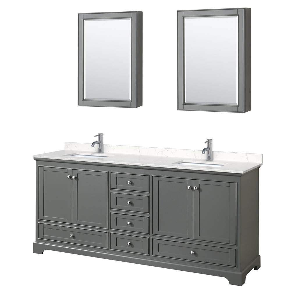 Wyndham Collection - Deborah 80 Inch Double Bathroom Vanity in Dark Gray, Carrara Cultured Marble Countertop, Undermount Square Sinks, Medicine Cabinets