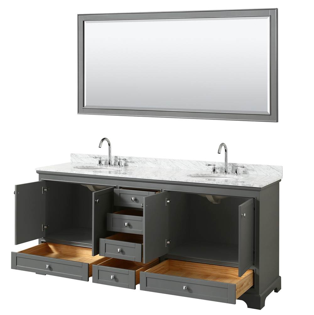 Deborah 80 Inch Double Bathroom Vanity in Dark Espresso, White Carrara Marble Countertop, Undermount Oval Sinks, and 70 Inch Mirror