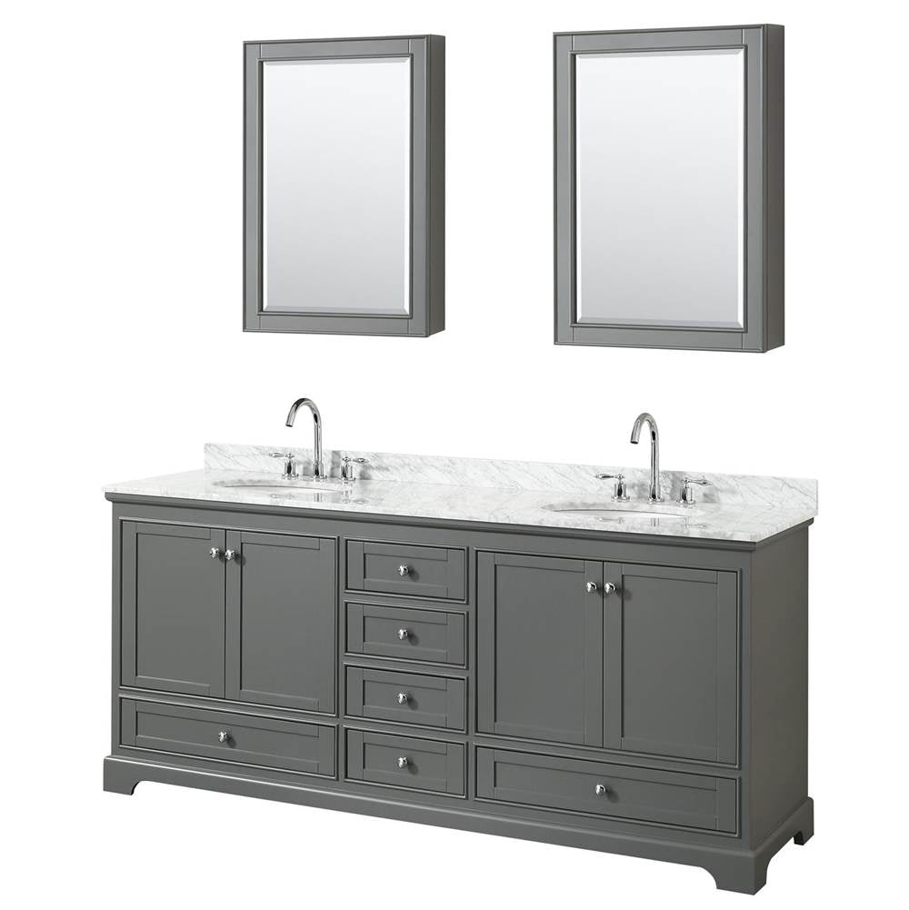 Wyndham Collection - Deborah 80 Inch Double Bathroom Vanity in Dark Gray, White Carrara Marble Countertop, Undermount Oval Sinks, and Medicine Cabinets - Dark Gray