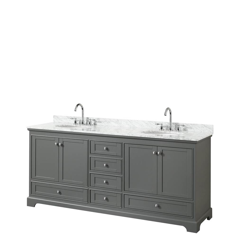 Wyndham Collection - Deborah 80 Inch Double Bathroom Vanity in Dark Gray, White Carrara Marble Countertop, Undermount Oval Sinks, and No Mirrors - Dark Gray