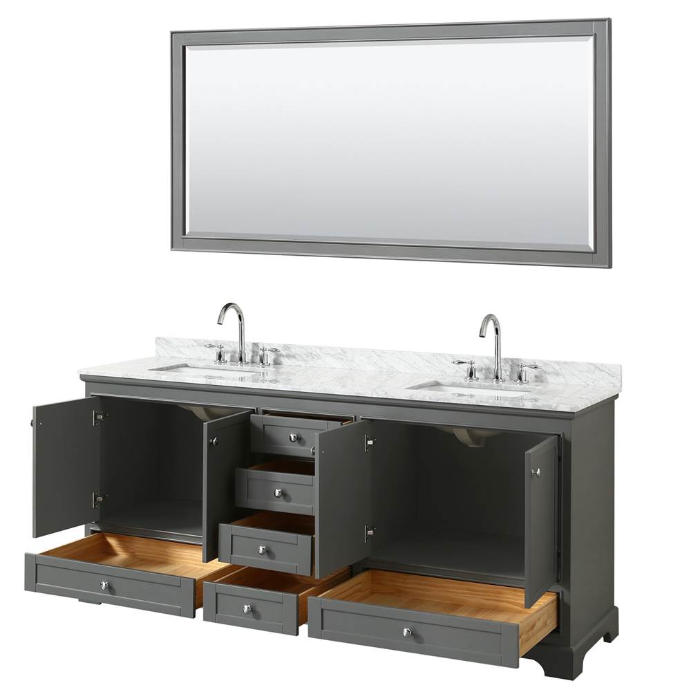 Deborah 80 Inch Double Bathroom Vanity in Dark Espresso, White Carrara Marble Countertop, Undermount Square Sinks, and 70 Inch Mirror