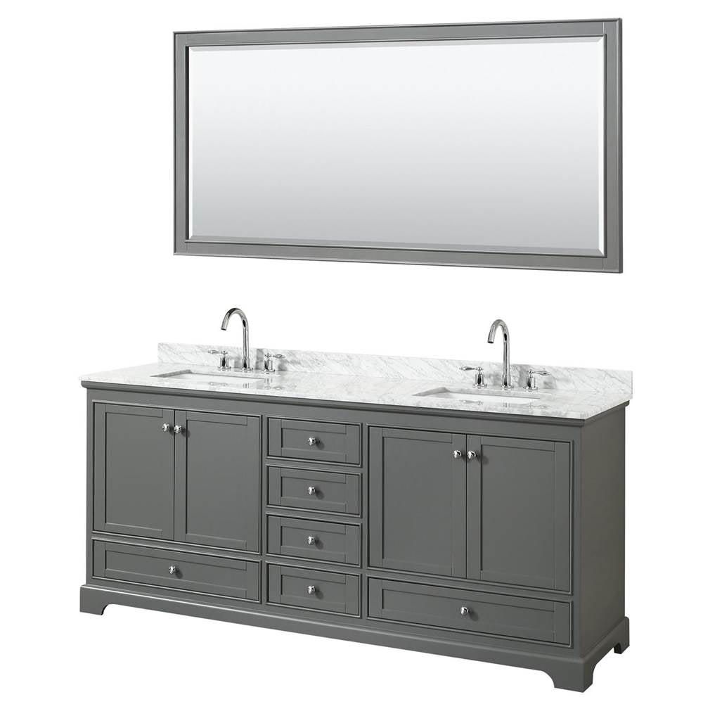 Wyndham Collection - Deborah 80 Inch Double Bathroom Vanity in Dark Gray, White Carrara Marble Countertop, Undermount Square Sinks, and 70 Inch Mirror - Dark Gray