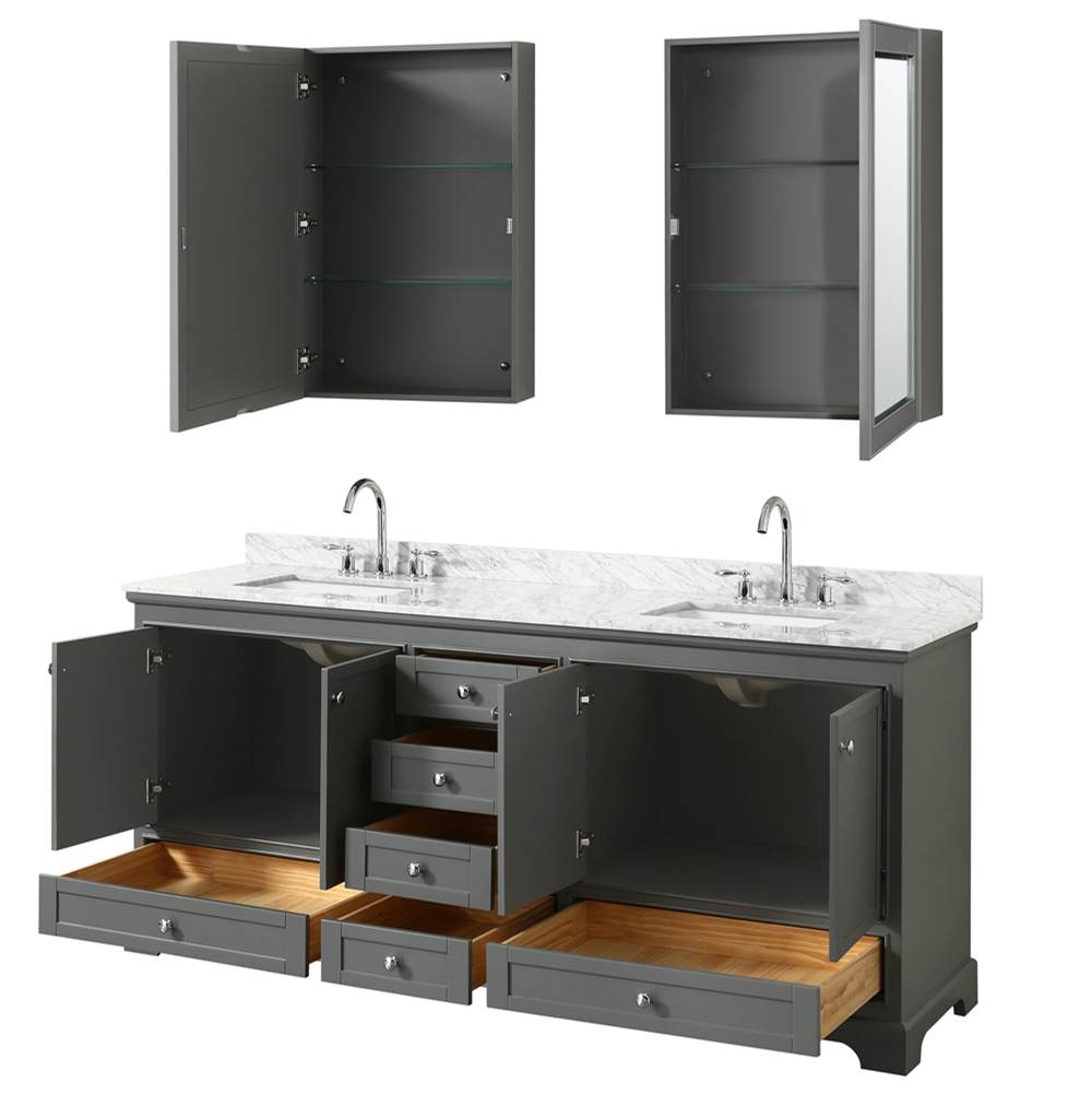 Deborah 80 Inch Double Bathroom Vanity in Dark Espresso, White Carrara Marble Countertop, Undermount Square Sinks, and Medicine Cabinets