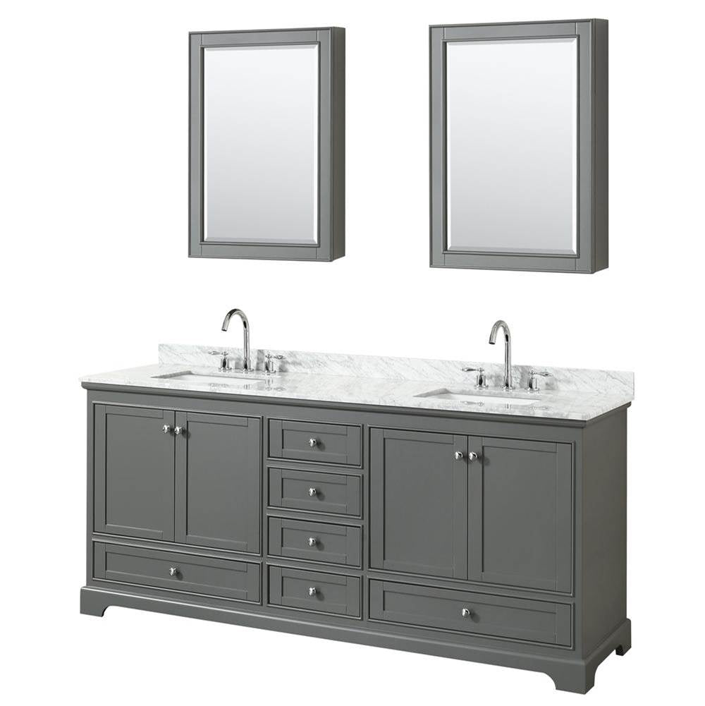 Wyndham Collection - Deborah 80 Inch Double Bathroom Vanity in Dark Gray, White Carrara Marble Countertop, Undermount Square Sinks, and Medicine Cabinets - Dark Gray