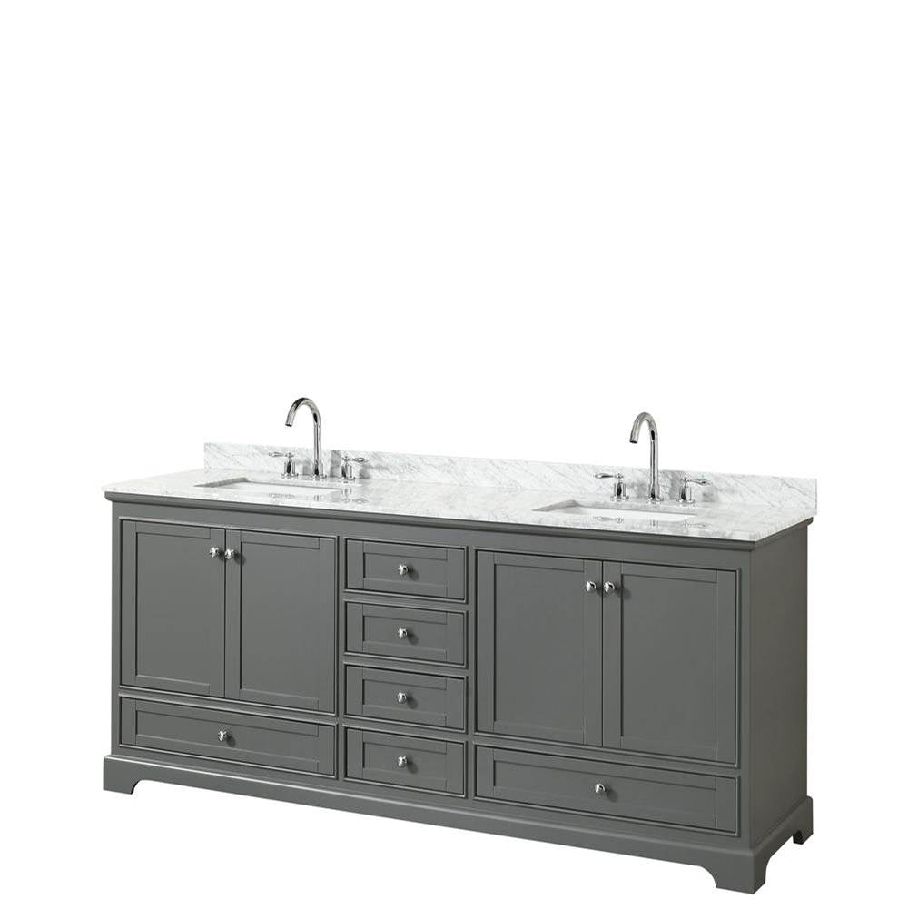 Wyndham Collection - Deborah 80 Inch Double Bathroom Vanity in Dark Gray, White Carrara Marble Countertop, Undermount Square Sinks, and No Mirror - Dark Gray