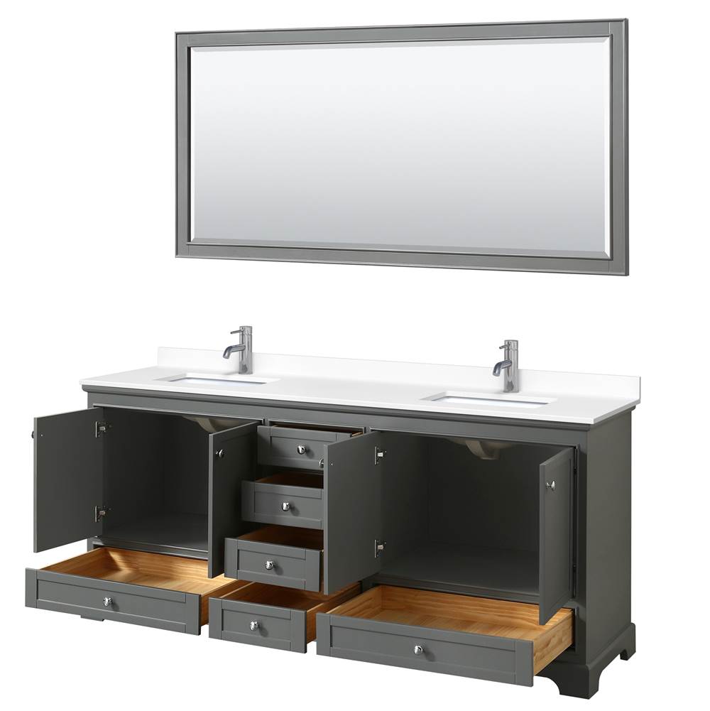Deborah 80 Inch Double Bathroom Vanity in Dark Gray, White Cultured Marble Countertop, Undermount Square Sinks, 70 Inch Mirror