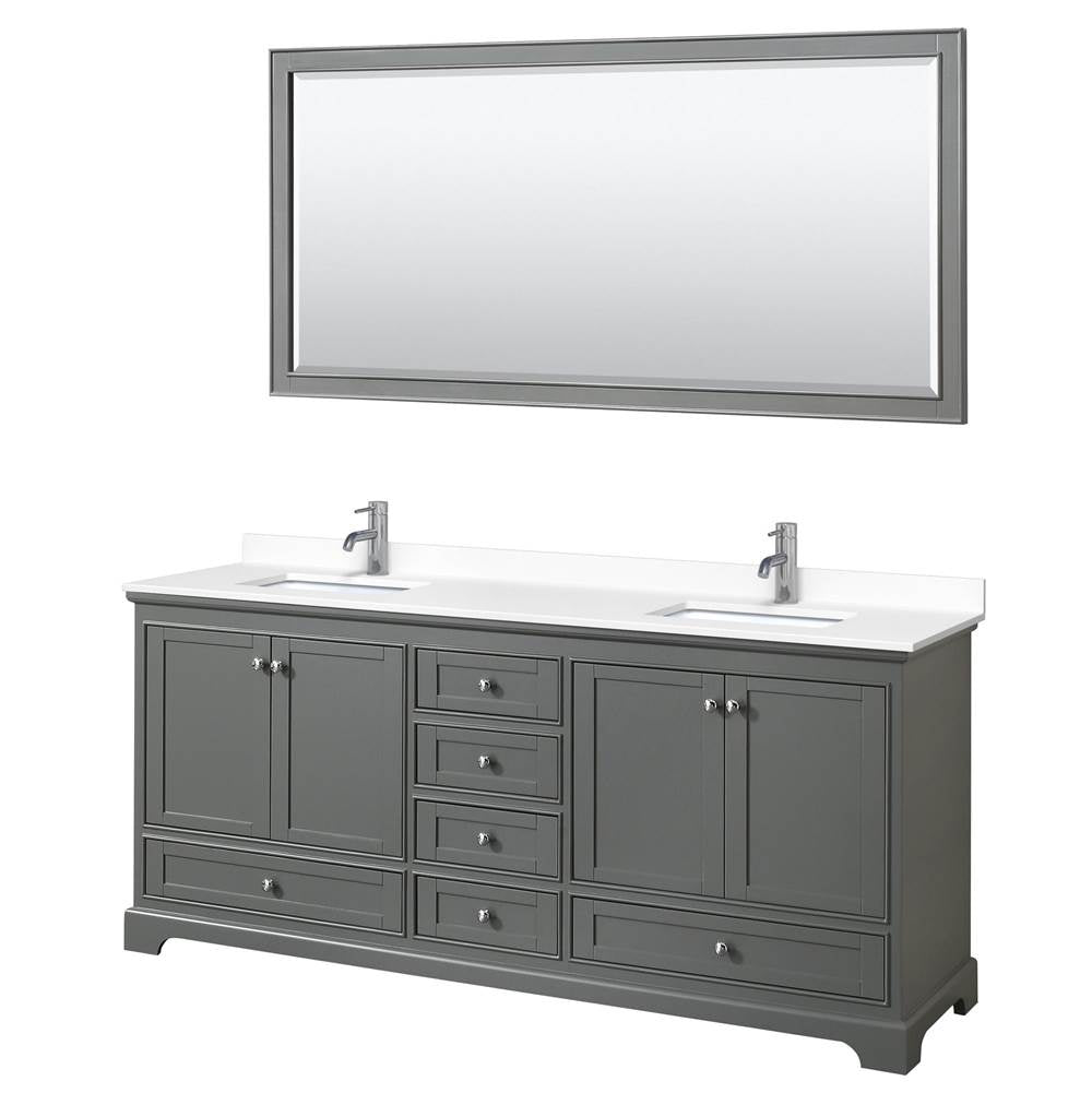 Wyndham Collection - Deborah 80 Inch Double Bathroom Vanity in Dark Gray, White Cultured Marble Countertop, Undermount Square Sinks, 70 Inch Mirror