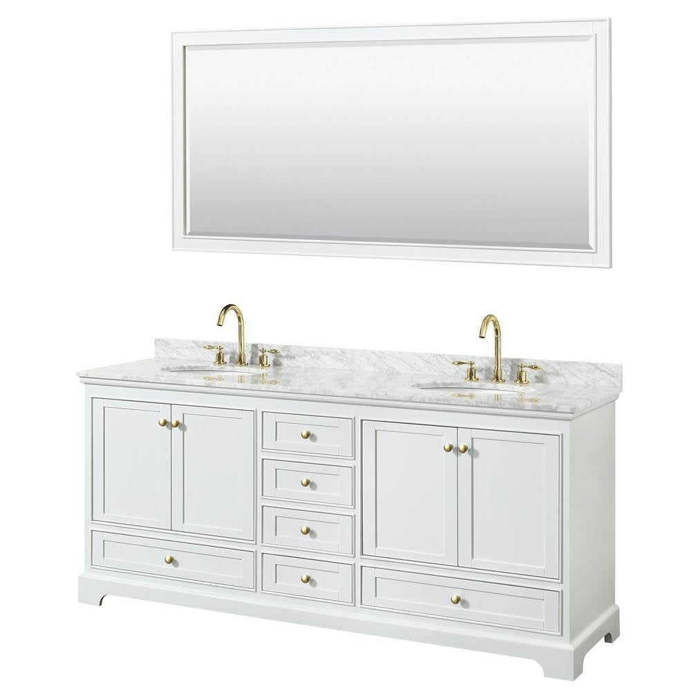 Wyndham Collection - Deborah 80 Inch Double Bathroom Vanity in White, White Carrara Marble Countertop, Undermount Oval Sinks, Brushed Gold Trim, 70 Inch Mirror