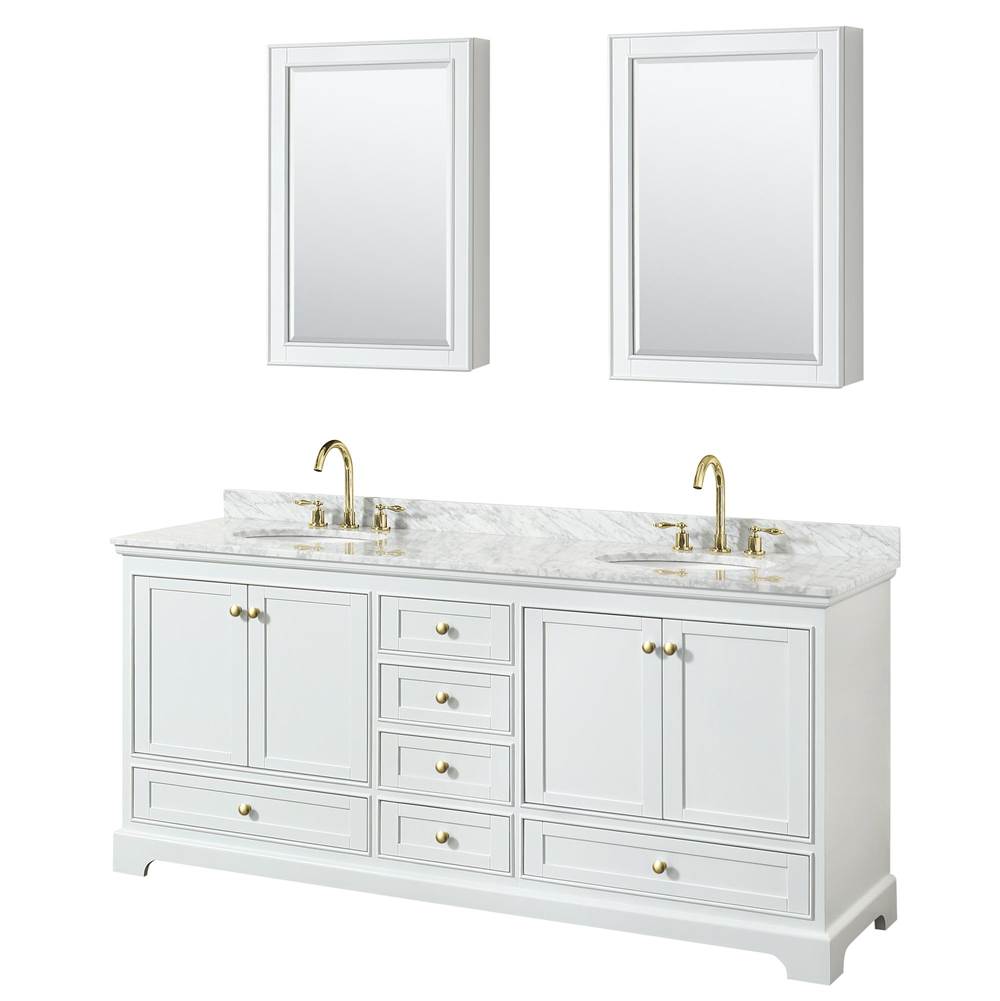 Wyndham Collection - Deborah 80 Inch Double Bathroom Vanity in White, White Carrara Marble Countertop, Undermount Oval Sinks, Brushed Gold Trim, Medicine Cabinets