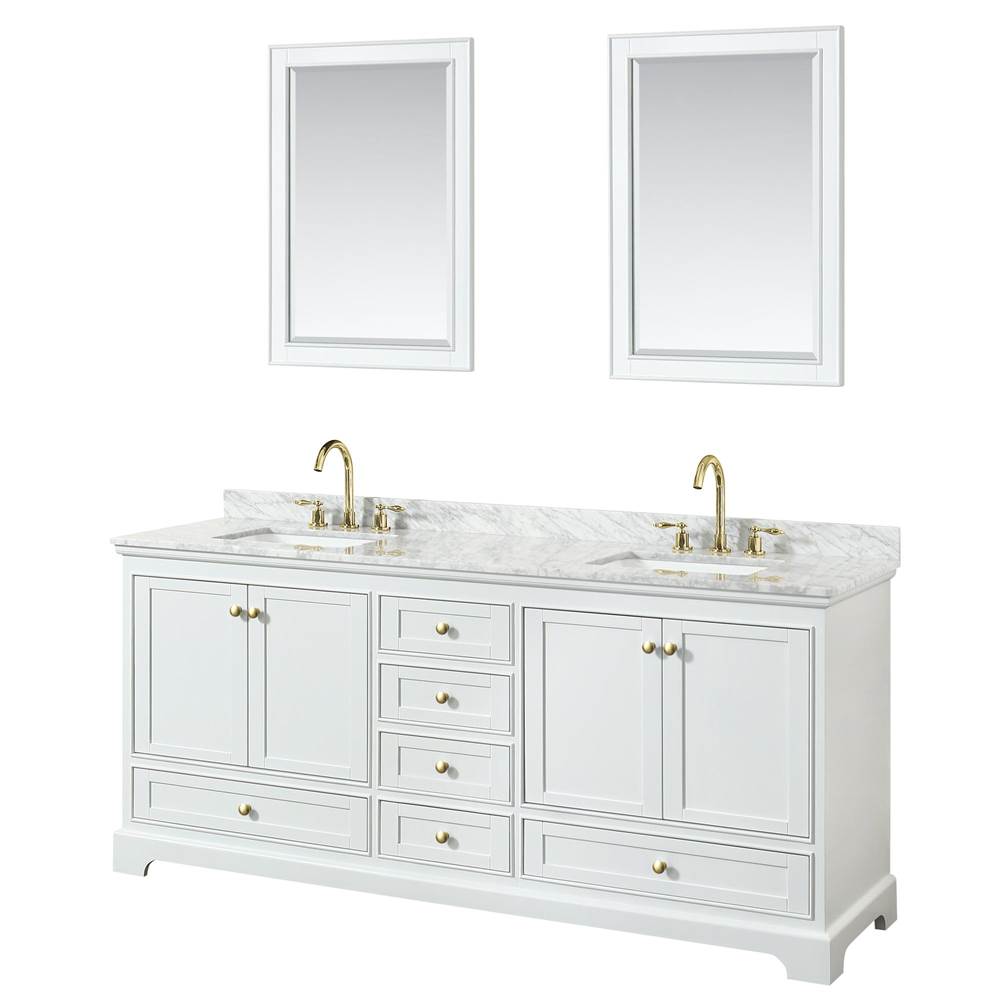Wyndham Collection - Deborah 80 Inch Double Bathroom Vanity in White, White Carrara Marble Countertop, Undermount Square Sinks, Brushed Gold Trim, 24 Inch Mirrors
